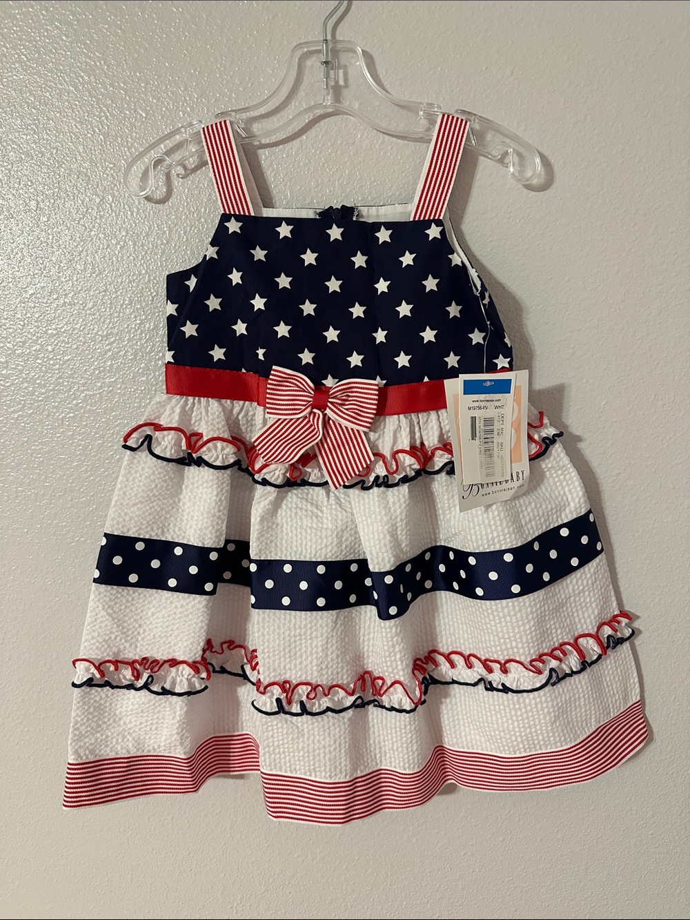 NWT. Bonnie Baby Red White & Navy Star-Striped Ruffle Dress